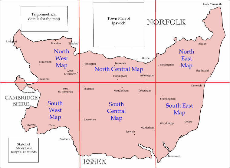 Diagram to illustrate the areas covered by each of the six sheets